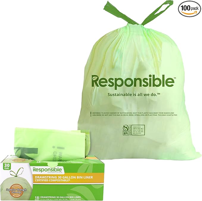 Responsible Products Kitchen Bin Liners, Certified Compostable, Heavy Duty Multipurpose Food Scrap Bags, Made from Compostable Materials (30 Gallon Drawstring, 30 Gallon (90 Count))
