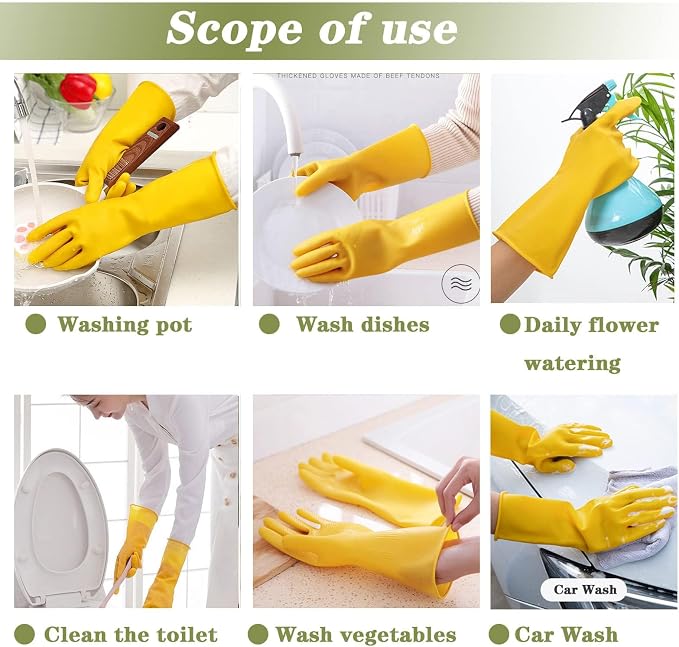 8 Pairs Reusable Household Cleaning Gloves, Rubber Kitchen Dishwashing Gloves, Extra Thickness, Long Sleeves, for Washing Dishes, Pet Care, Small, Yellow