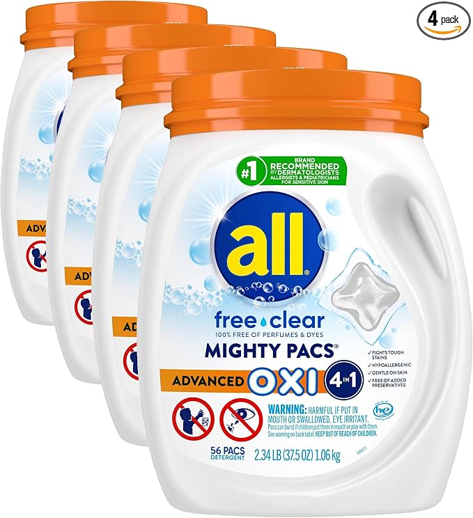 all Laundry Detergent Pacs, Mighty Pacs with OXI Stain Removers and Whiteners, Free Clear, Unscented and Dye Free, 56 Count (Pack of 4)