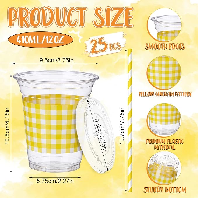 Domensi 25 Sets Yellow and White Gingham Plastic Cups with Lids and Paper Straws 12oz Checkered Party Disposable Cup Bulk Drinking Cup for Cold Drink Baby Shower Wedding Birthday Summer Party Supplies