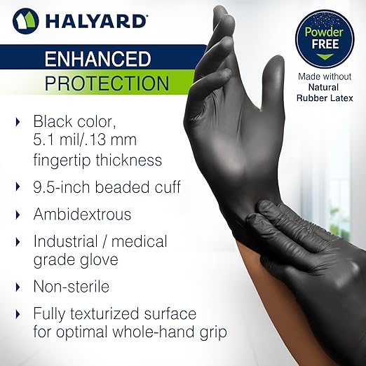 HALYARD PUREZERO Black Nitrile Exam Gloves - 5.1 Mil Case of 1000, Large - Heavy Duty Powder Free Disposable Gloves - Textured Industrial Medical Tattoo Cleaning Food Prep