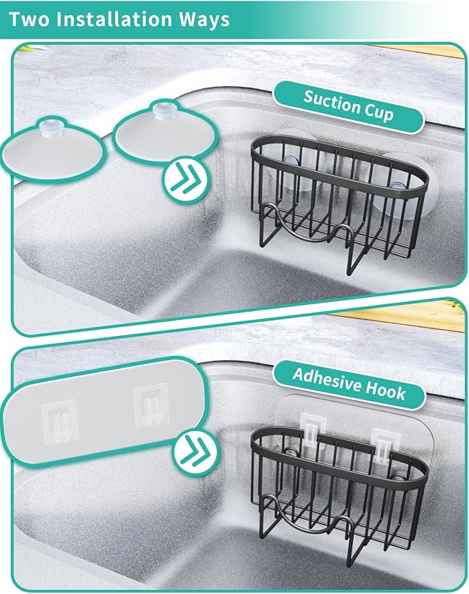 HapiRm Multifunctional Kitchen Sink Caddy with Drain Tray + Rustproof & Waterproof Sponge Holder for Kitchen Sink - Silver, Black