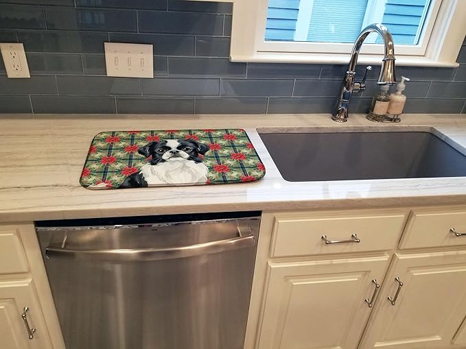 Caroline's Treasures Black and White Japanese Chin Christmas PoinsettIas Dish Drying Mat Absorbent Dish Drying Mat Pad for Kitchen Counter Dish Drainer Mat for Countertop, 14 x 21", Multicolor