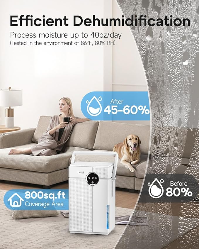 Lacidoll Small Dehumidifier with Drain Hose, Portable Dehumidifier for Bathroom, 118oz Dehumidifiers for Home 800 sq ft with 7 Colorful Light, Quiet Dehumidifiers for Bedroom RV Closet Basement,White