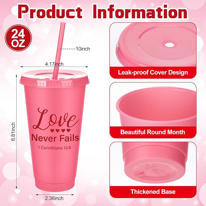 Meanplan 24 Packs Valentine's Day Christian Gift 24 oz Plastic Valentine Scripture Tumbler with Lids and Straws Jesus Bible Verse Cups Religious Church Gifts for Women Men Valentine's Party Favors