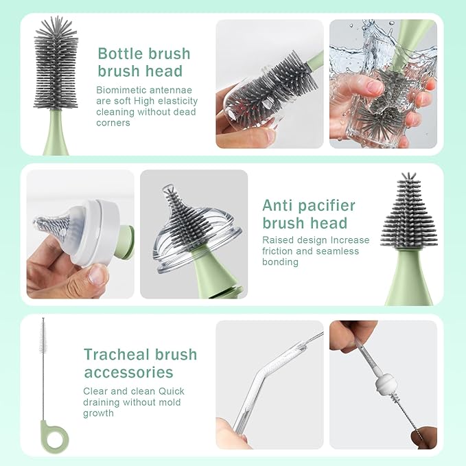 Electric Bottle Brush Cleaner Set, USB Rechargeable 360° Spin Baby Bottle Cleaner with 2 Brush Heads & Straw Brush, Waterproof, High/Low Speed, Portable Travel Cleaning Kit, Green