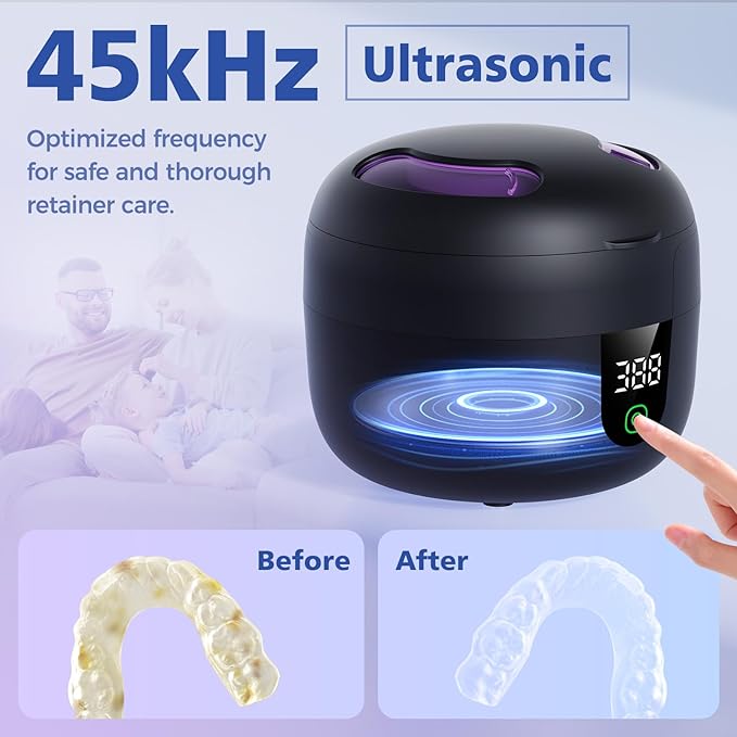 New Ultrasonic Retainer Cleaner Machine with Removable Inner Tank for Aligners, Mouth Guards, Jewelry – 180ml Capacity, 45kHz Ultrasonic Cleaner, 3 Modes, Digital Timer, Smart Pause & Quiet to 30dB