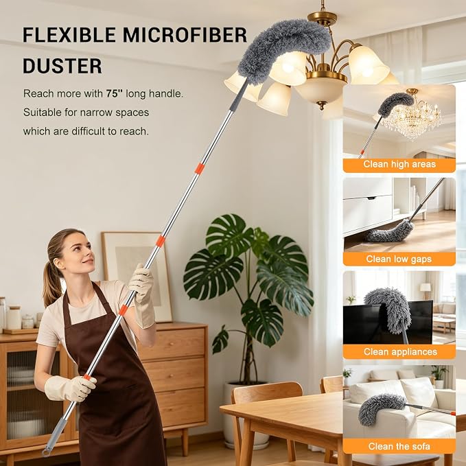360° Ceiling Fan Blade Cleaner with 76“ Long Handle, 4-in-1 | Reusable Fan Duster for Ceiling Fan Blades, Multi-Functional Chenille Duster Cleaner Kit for Baseboard, Wall, Floor, Window