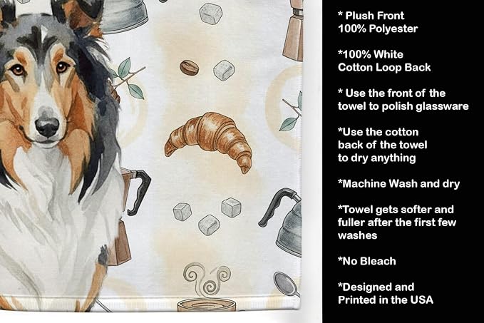 Caroline's Treasures Tricolor Collie Coffee Bar Kitchen Towel Velour Plush Front and Cotton Loop Back Machine Washable