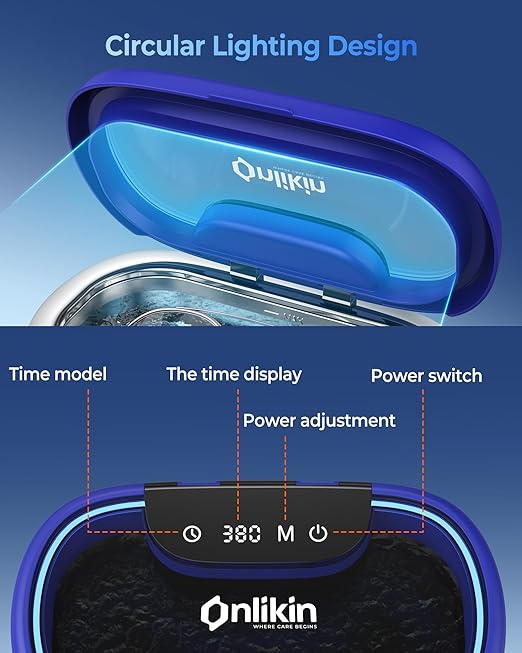 45KHz Ultrasonic Jewelry Cleaner, 5 Timer & 3 Power Modes, 35W Retainer Cleaner for Jewelry, Eyeglasses, Rings, Watch Strap, Dentures - Quiet <38dB, 20oz, 304 Stainless Steel (Sapphire blue)