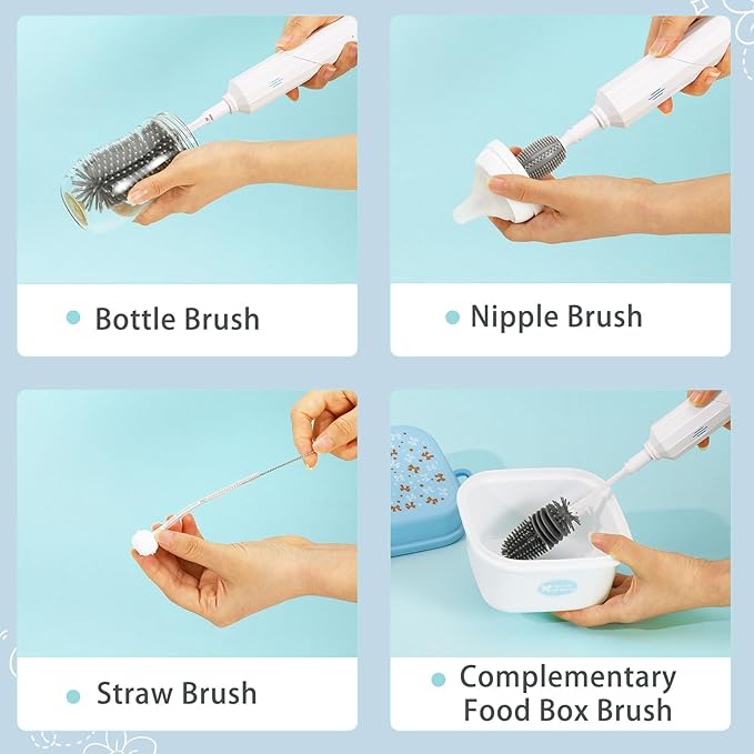 Zooawa Electric Baby Bottle Brush Cleaner,7in1 Travel kit with Rechargeable 90°Folding Elctric Bottle Cleaner & Drainage Box,Food-Grade Silicone,Long Battery Life,Nipple Brush,Straw Brush