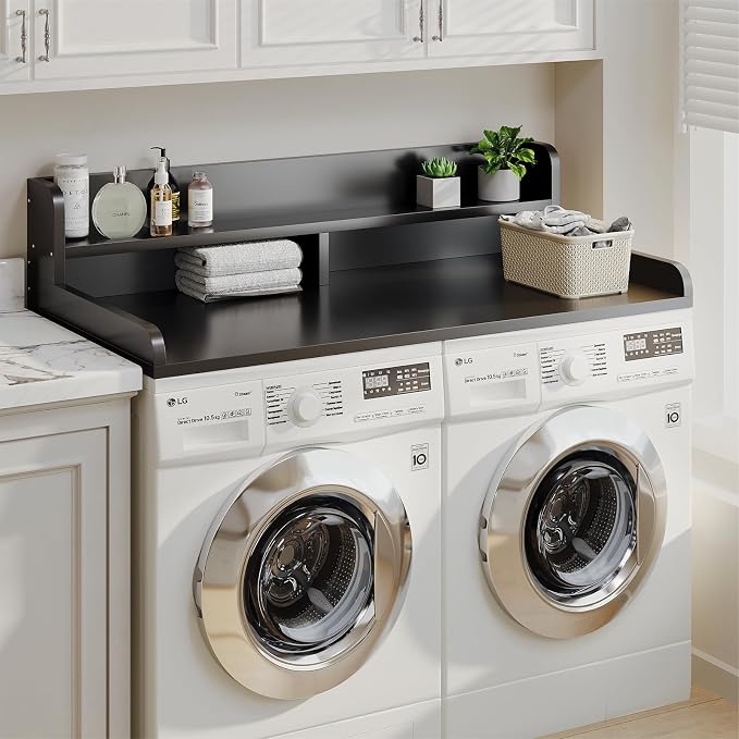 2-Tier Washer Dryer Countertop with 2.75"H Edge Rails, 54" W x 27.55" D Laundry Countertop for Folding Clothes, Washer and Dryer Topper with Non-Slip Pad (Black)