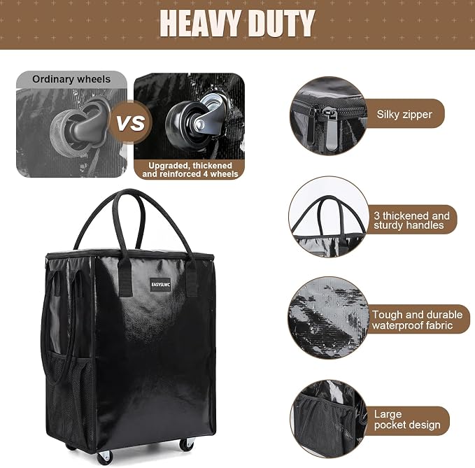 Reusable Grocery Bag on Wheels, Portable Tote Bag Shopping Bag with Wheels, Rolling Tote Bag Collapsible with Wheels for Groceries, Organization or Moving, Heavy Duty Utility Tote Bag