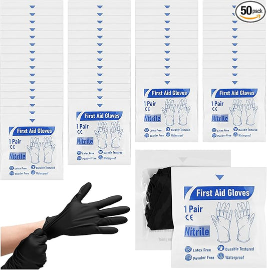 Chicingyou 50 Pairs Disposable Emergency Glove Individually Packaged Travel Gloves Travel Trauma Essential Nitrile Glove (Black)