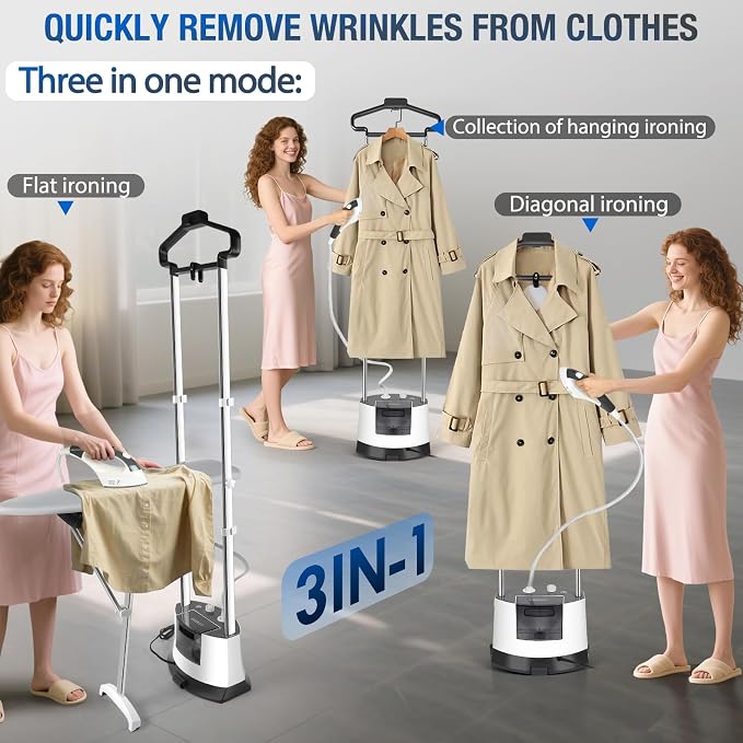 Standing Garment Steamer 1500W Standing Garment Steamer - 30s Fast Heat, 101 fl.oz Detachable Tank, 2 - Level Steam Ironing Board and Clothing Hanger,Adjustment for Flat Hanging & Diagonal Ironing