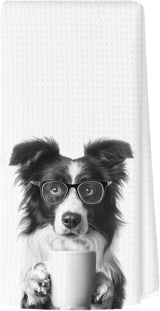 Funny Border Collie Kitchen Towels, Dog Kitchen Accessories, Dog Chef Gifts for Women Decorative Hand Towels for Kitchen Decor, Coffee Lovers Gifts Dish Tea Towel, 16x24 Inch