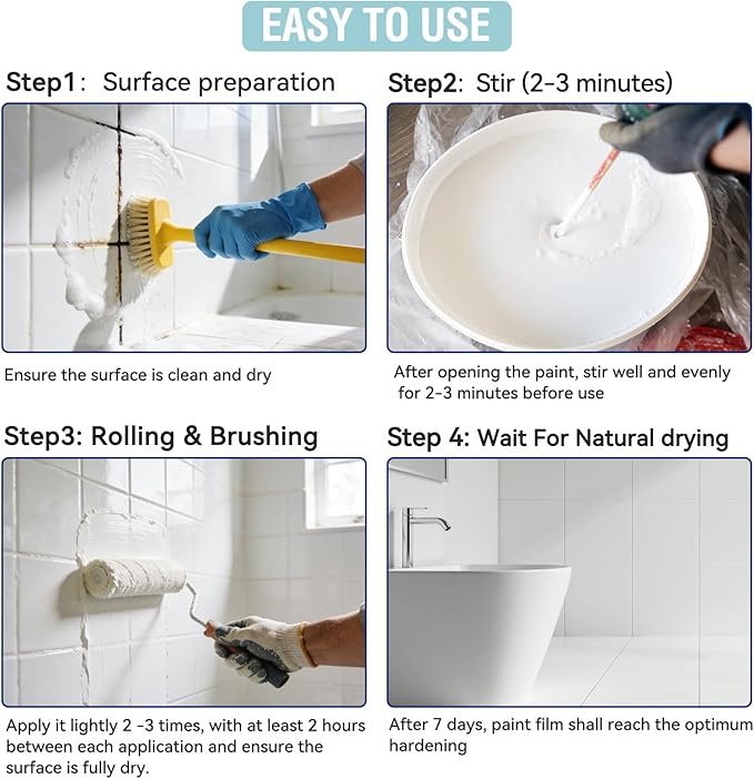 Waterbased Tile Paint and Tile Refinishing Kit 16.0 Fl Oz， Quick-Dry TilePaint for Wall ，Floor, Sink Bathtub Paint for Bathroom, Kitchen, Toilets, Water Based，25-30sq.ft