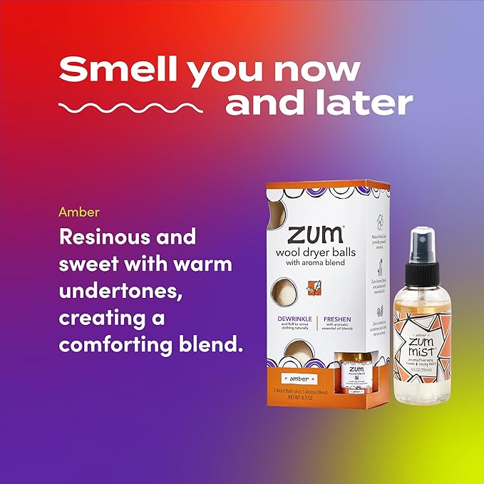 Zum Wool Dryer Balls Kit Plus Zum Mist - 3 Wool Balls with Essential Oil Blend & Room & Body Mist - Amber