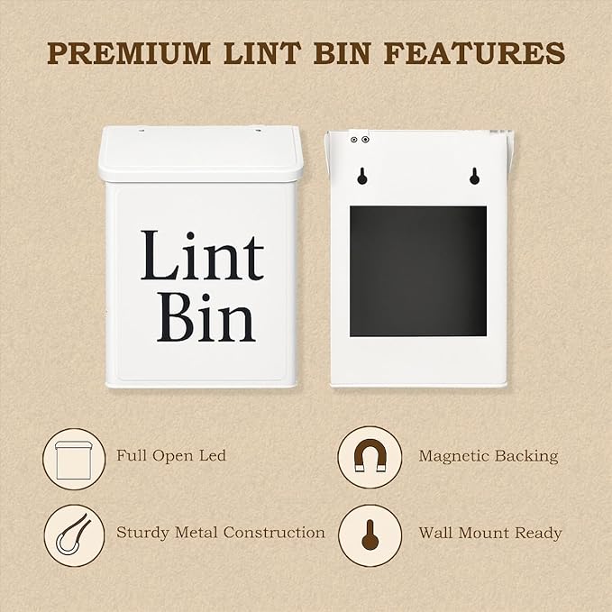 Magnetic Lint Bin for Laundry Room Organization & Storage, Wall-Mounted Dryer Lint Bin Trash Can with Lid, Lint Box Includes Brush, 2 White Hooks, 1 Black Hook, Screws & Magnet Glue (White)