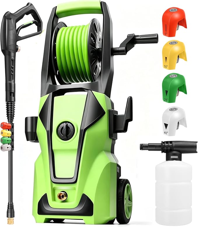 Electric Pressure Washer 5000PSI Adjustable Max 4.0GPM with 33FT Flexible Extension Hose, 4 Nozzles, Foam Cannon, Power Washer Powered for Cars, Patios, Driveways, Green
