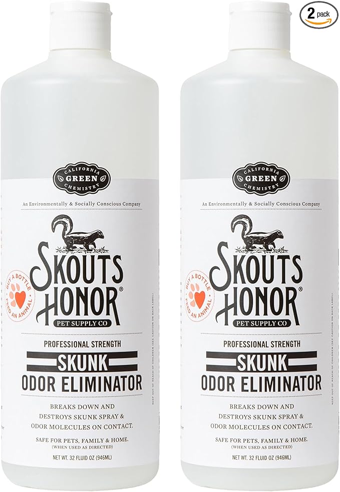 Skout's Honor Skunk Odor Eliminator for Pets, Indoor, and Outdoor Surfaces – Eliminate Skunk Spray Odor, Eco-Friendly, Cruelty-Free Solution for Pets and Surfaces, 32 oz, 2-Pack