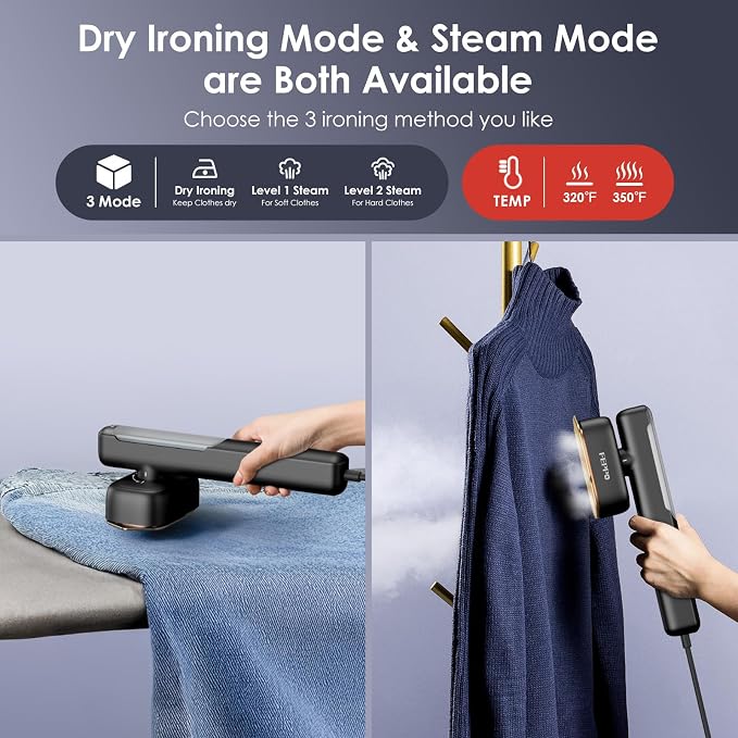 FEPPO Travel Steamer for Clothes, 110-240V Dual Voltage Portable Steamer & Iron 2 in 1, Fast Heat Up, 1100W Powerful Garment Steamer, Large Ceramic Heat Panel for Home & Global Traveling(Black-Gold)