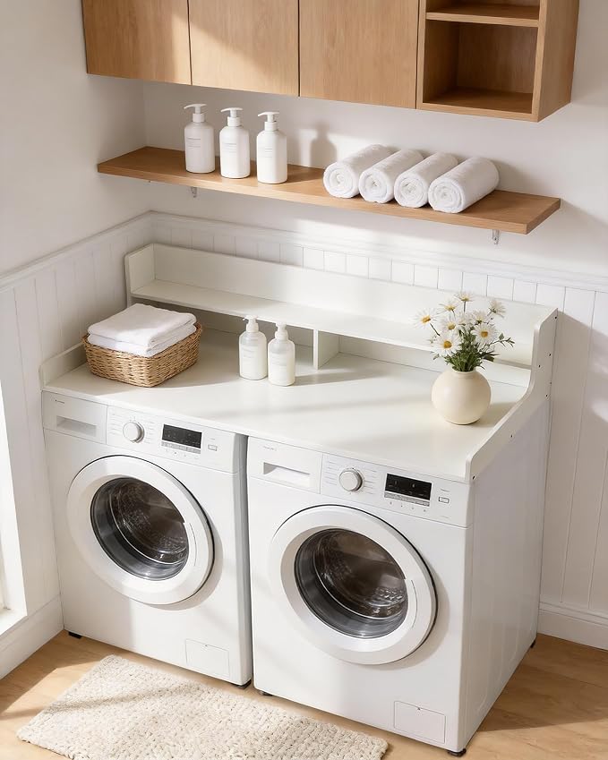 Takywep 2 Tiers Washer Dryer Countertop, 54" x 27.5" Washer Dryer Topper with Edge, Washer and Dryer Laundry Topper with Anti-Slip Pads & Anti-Vibration Mat, White