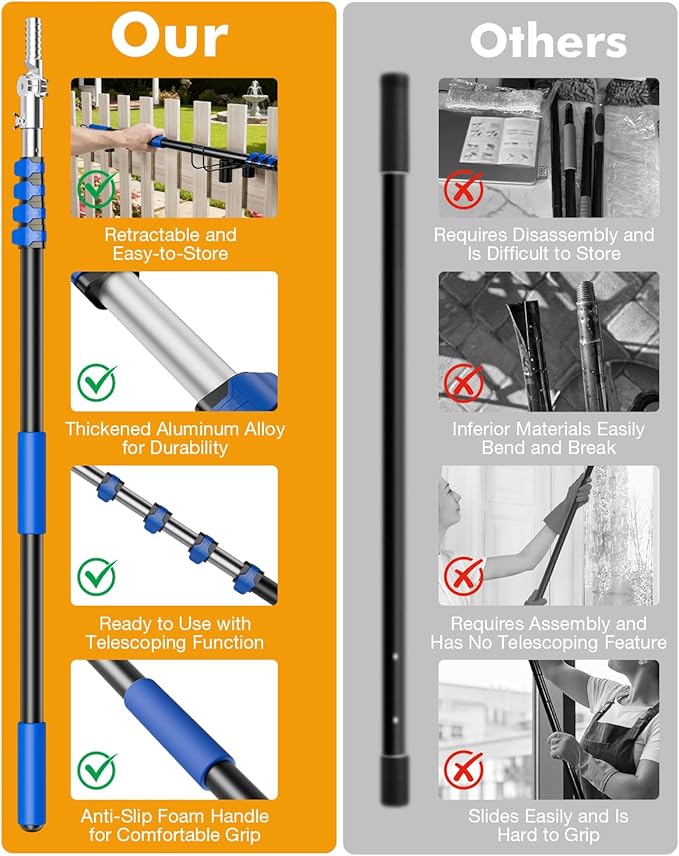 Telescoping Pole, 5-24 Ft with Joint Angle & Squeegee Adaptor, Aluminum Telescopic Paint Roller Extension Pole & Extendable Pole, Anti-Slip Foam Grip, Multi-Purpose Gutter Window Dust Cleaning Pole