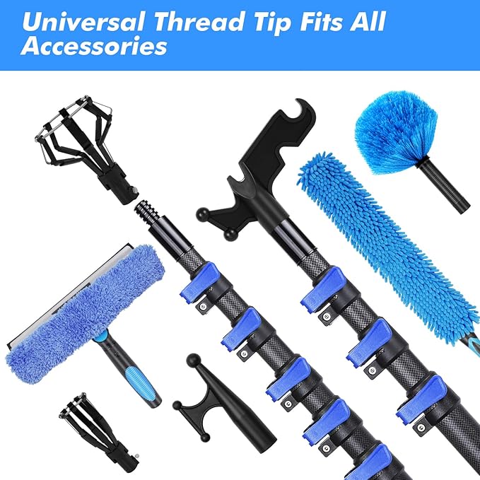 DOBEN 24-Foot Carbon Fiber Window Cleaner Tool with Telescopic Extension Pole, Rotating Scrubber & Squeegee - Sturdy Lightweight Design for Indoor/Outdoor Glass Cleaning