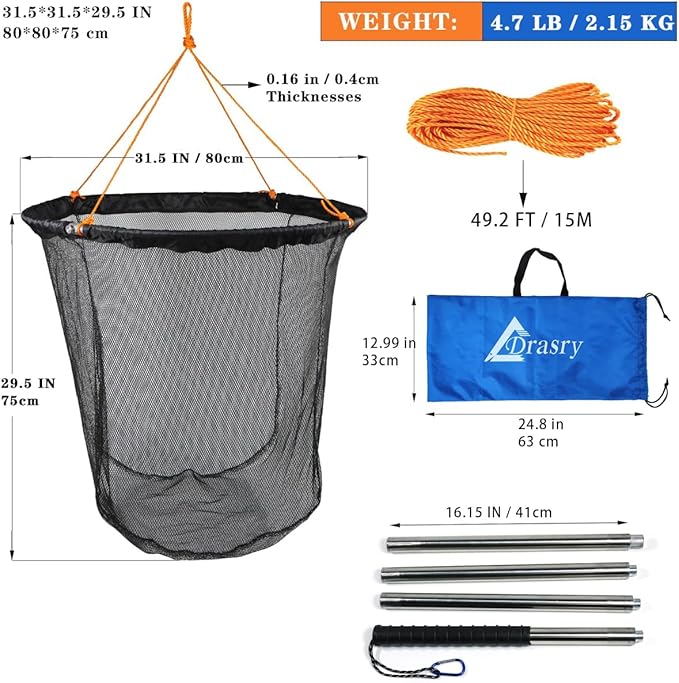 Drasry Large Collapsible Bridge Pier Fishing Net Landing Net with Rod, High Load Aluminum Ring Drop Net for Saltwater and Freshwater Pier Fishing Basket with 49.2 ft. Rope