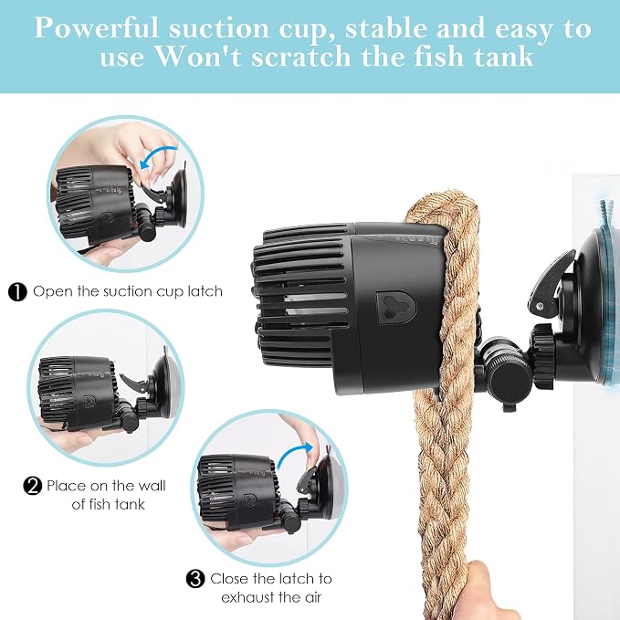 AQQA Dual Head Aquarium Wave Maker, 360° Adjustable Suction Cup Circulation Pump, Quiet Fish Tank Wavemaker, Strong Water Flow Oxygenation Pump for Saltwater Reef & Freshwater, 25W 6605GPH Black