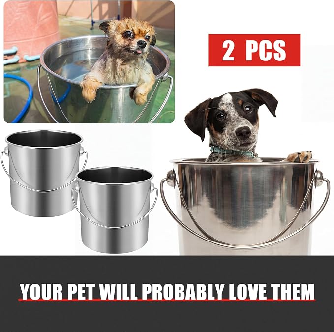 Hsei 2 Pcs Stainless Steel Bucket for Pet Cleaning, 1.3 Gallon Metal Bucket Water Pail with Handle for Fence Kennel Cage Garage Garden Workshop