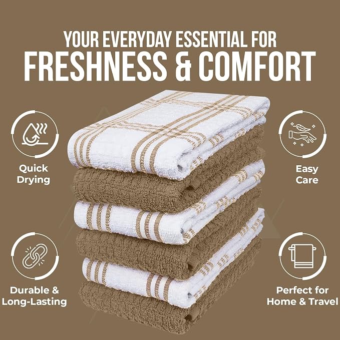 DAN RIVER Premium Tan Kitchen Towels - [Pack of 6] 100% Cotton (16x 26 Inches) -Super Soft, Highly Absorbent Hand Towels, Quick Dry, Dish Towels, Tea and Bar Towels Set