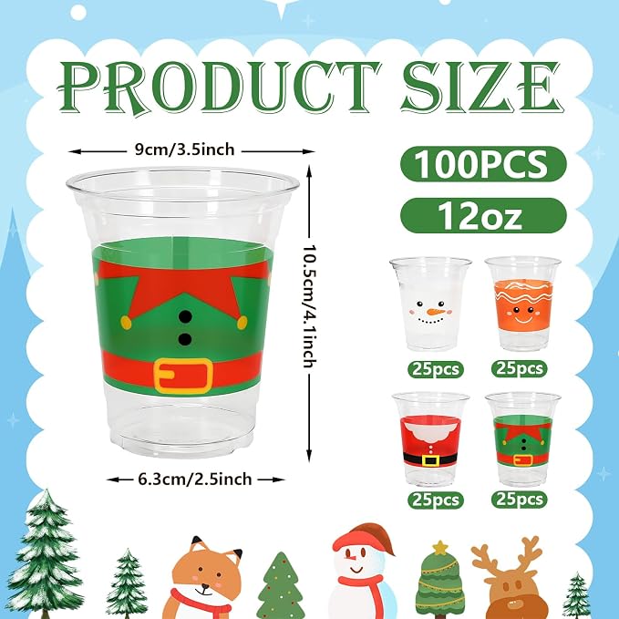 JarThenaAMCS 100Pcs Christmas Disposable Plastic Cups Santa Elf Snowman Gingerbread Man Cold Beverage Drinking Cups for Xmas Holiday Party Supplies, 12 oz