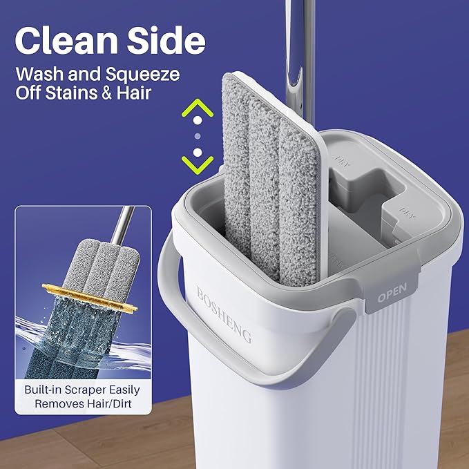 BOSHENG Mop and Bucket Set, Flat Mops for Floor Cleaning, Wall Mop with 60" Extensible Handle, Hardwood Floor Mop with 4 Microfiber Pads