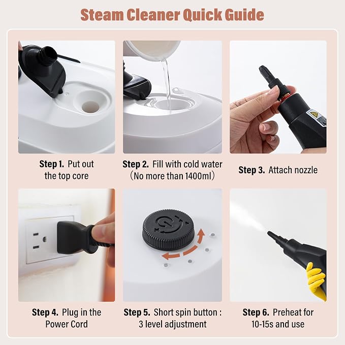 Lamberia Steam Cleaner with 12pcs Accessories, 2500W 1400ml 1.5 Quarts Tank, 3-Level Adjustable Portable Handheld Pressurized Steamer, 15s Heat-Up Steam Cleaner for Home, Car, Kitchen(White, US Plug)