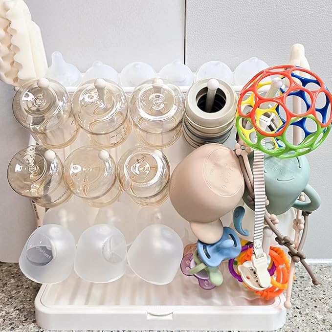 LUNELL Baby Bottle Drying Rack with 20 Hooks and Drip Tray, Large Space Saving Vertical Dryer Holder for Countertop, Storage Organizer for Pump Parts, Pacifiers, with Brush Holder, Ivory White