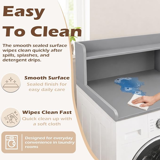 Royxen Laundry Countertop with 2-Tier Shelf Universal Fit, Washer and Dryer Countertop with Storage Space, Shelf Height 11.5 Inches, Solid Wood Core, Grey