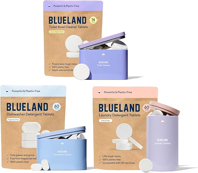 BLUELAND Dishwasher & Laundry Detergent & Toilet Cleaner Tablet Trio | Dishwasher Detergent Tablet | Laundry Detergent Tablet | Toilet Bowl Cleaner Starter Set | Natural, Sustainable, Eco-Friendly