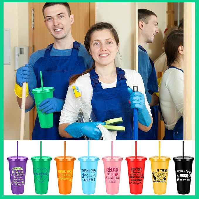 Meanplan 24 Pcs Appreciation Gifts Bulk 24 oz Plastic Tumbler with Lids and Straws Thank You Cups Travel Mugs Inspirational Gifts for(Housekeepers Week)