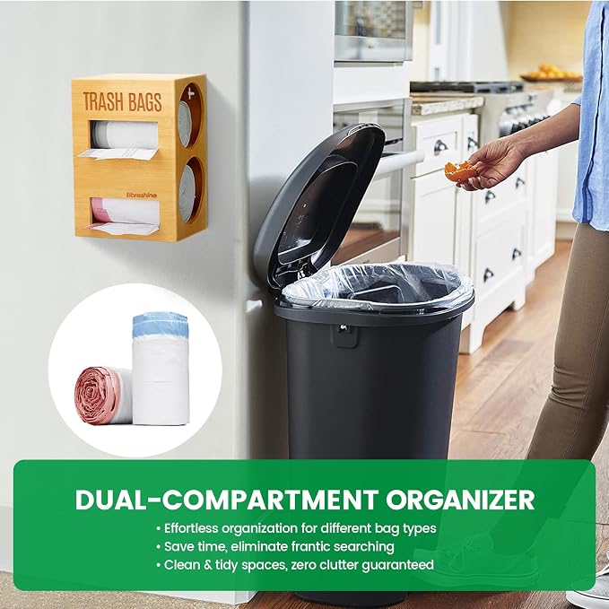 Libreshine Extra Large Bamboo 2-in-1 Trash Bag Dispenser & Roll Holder – Fits Costco Kirkland & Members Mark Jumbo Rolls, Wall/Under-Sink/Cabinet Mountable, Dual-Slot Storage for 2 Rolls