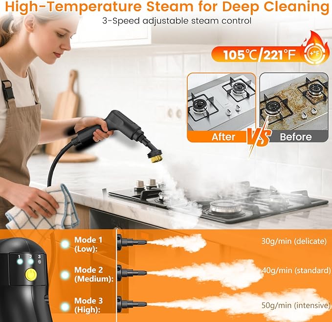 Pressurized Steam Cleaner, 3-Level Adjustable Handheld Steamer Cleaning for Home, 15s Fast Heat-Up & 47.3oz Tank, 2500W Multi-Surface Portable Steamer for Floor/Grout/Car with 33PCS Accesssories