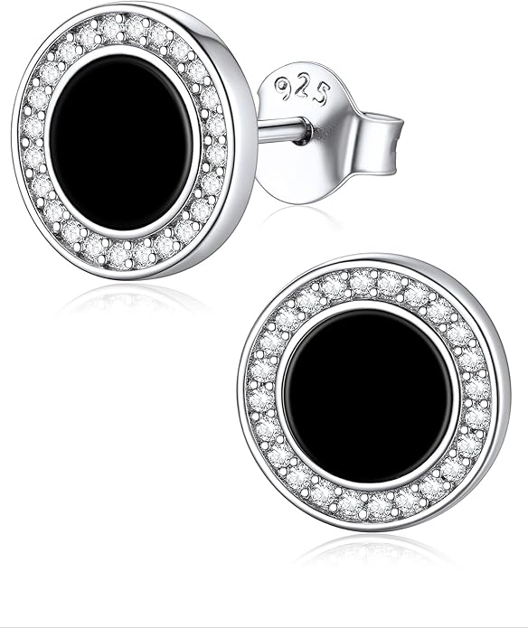 ChicSilver 925 Sterling Silver Viking Rune Natural Black Onyx Stud Earrings For Women Men
