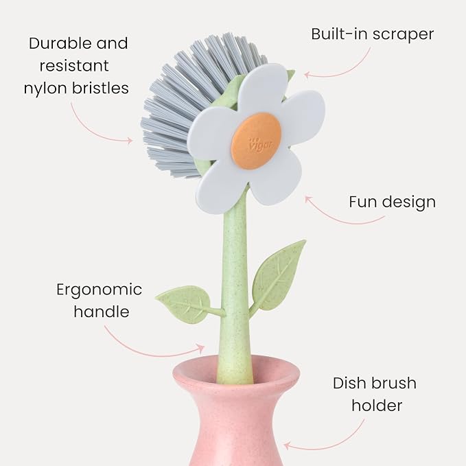 Vigar Florganic Bundle of 2 - Daisy-Shaped Dish Brush with Vase Holder + Daisy Sponge Holder with Suction Cup and Sponge for Kitchen Sink Caddy