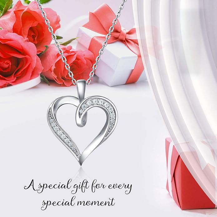 Billie Bijoux Silver Love Heart Necklace 925 Sterling Silver Platinum Plated Round CZ Woman's Jewelry Gifts for Women