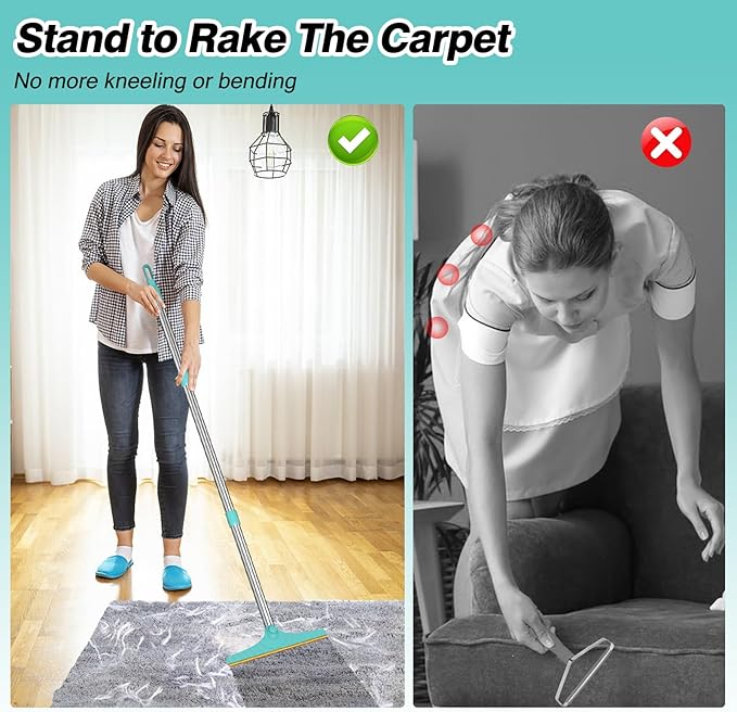 Eaersan Carpet Rake for Pet Hair Removal - Reusable Pet Hair Remover, 45” Adjustable Long Handle Cat Dog Carpet Rake Scraper with Patented Design, Dog Hair Rake Brush for Rugs, Mats