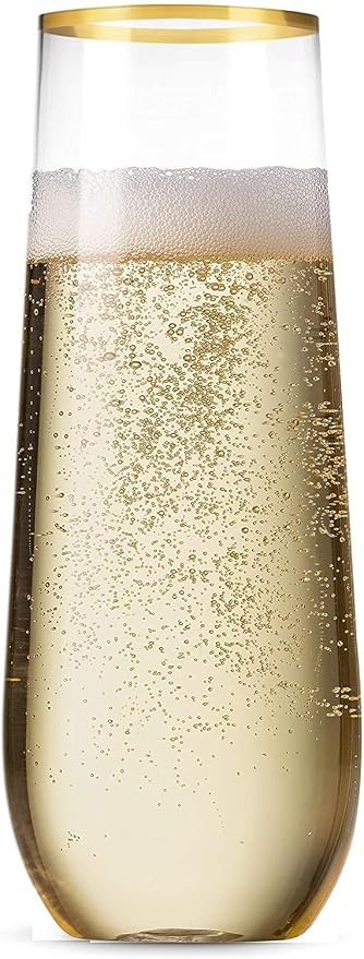 Munfix 36 Pack Stemless Plastic Champagne Flutes, Disposable 9 Oz Gold Rim Clear Plastic Toasting Glasses Shatterproof Recyclable and BPA-Free