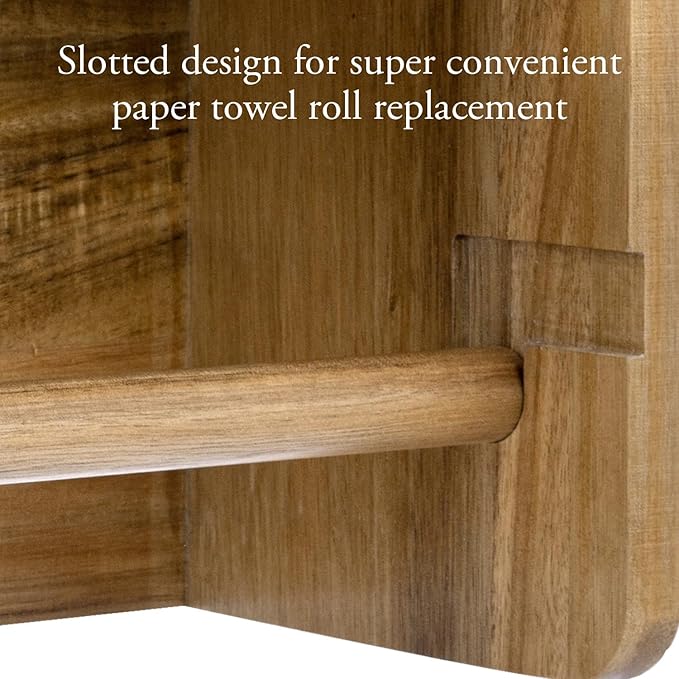 MyGift Hanging Paper Towel Roll Holder, Premium Acacia Solid Wood Farmhouse Wall Mounted Kitchen Napkin Dispenser Rack with Top Storage Shelf Spice Racks