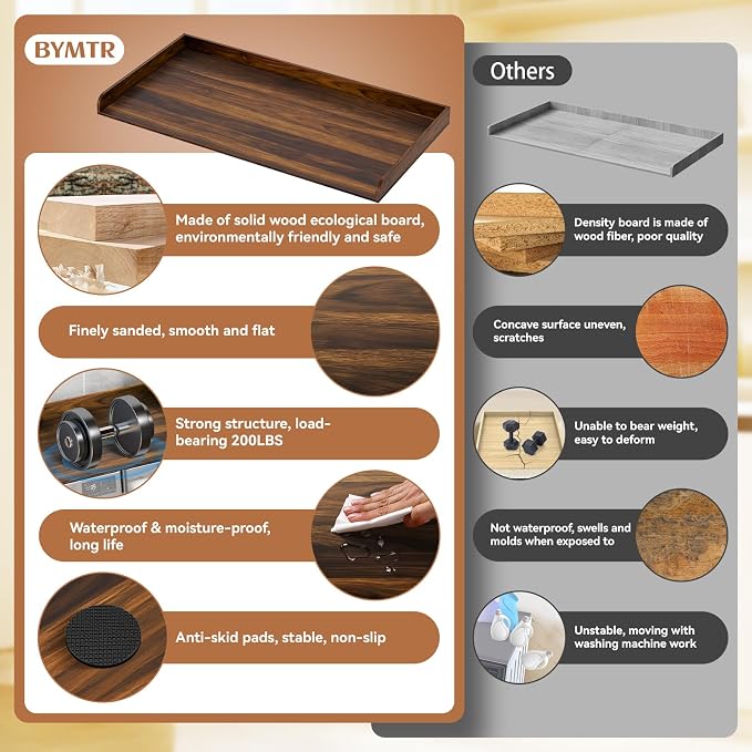 Washer Dryer Countertop, 27.5" D x 54" W Washer and Dryer Topper Covers with Edge Rails, Wood Laundry Room Countertop Shelves for Laundry Room Organization and Storage (Brown)