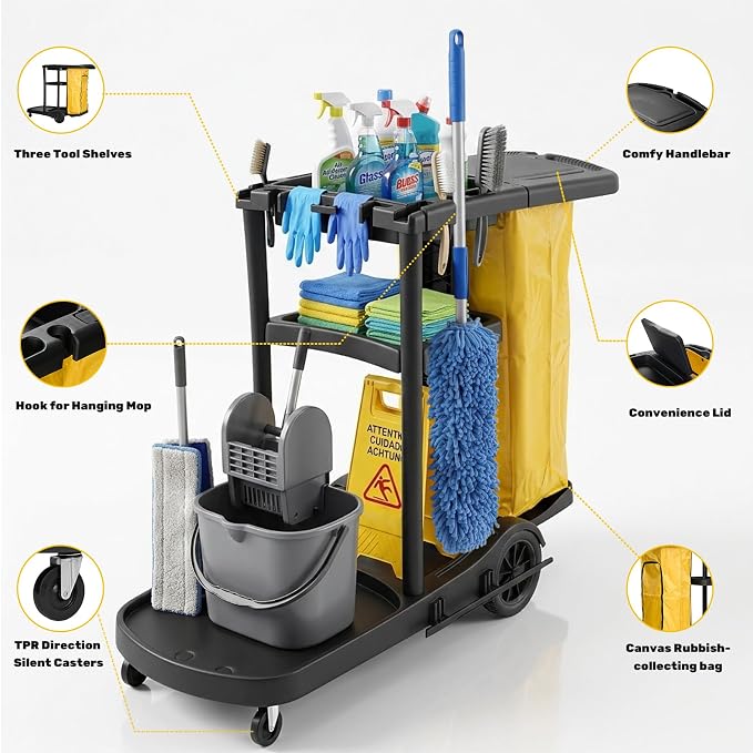 NORTHSKY Janitorial Cart, 3-Shelf Cleaning Carts on Wheels,Commercial Traditional Plastic Housekeeping Cart with 2 Yellow Vinyl Bag and 2 Pair of Rubber Gloves (Matte Black)